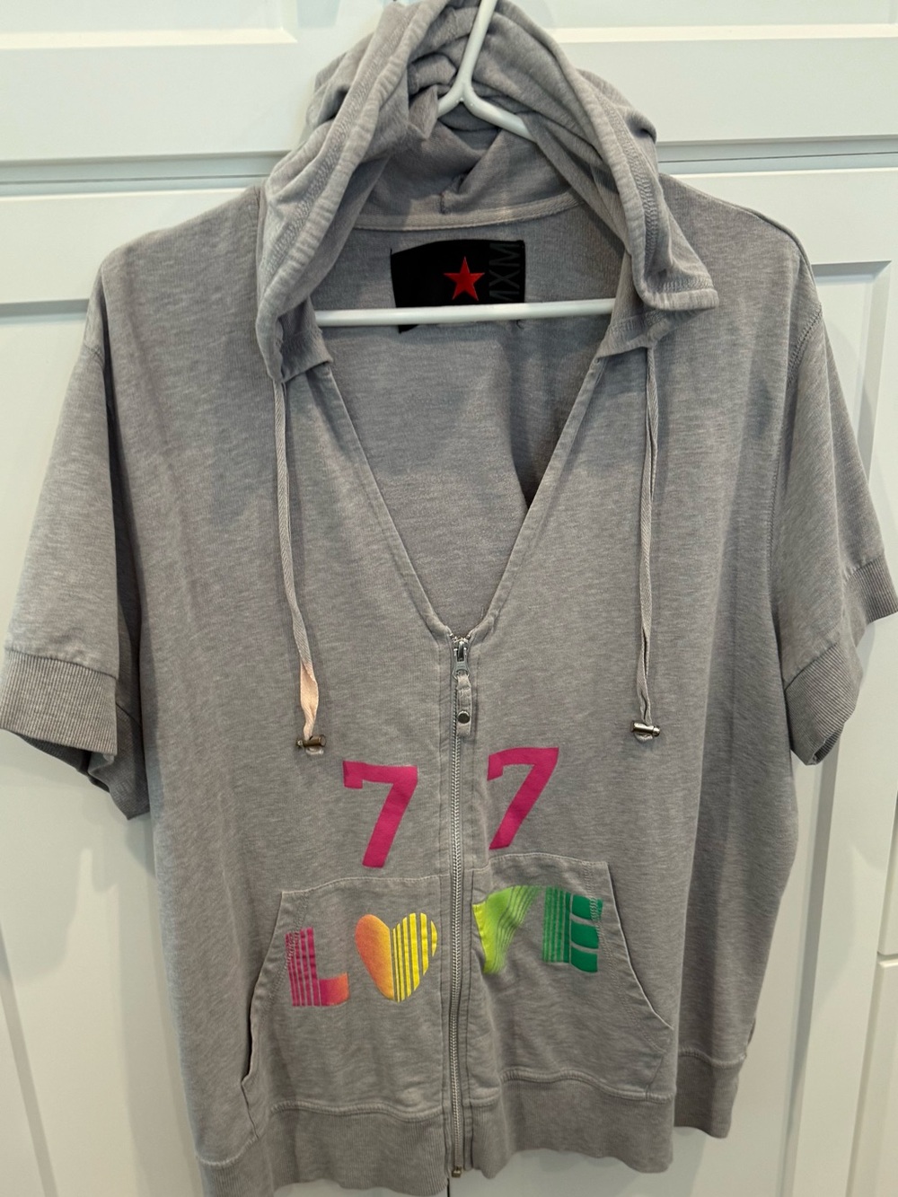 MXM Gray Short-Sleeve Zip Hoodie with Pink '77' and Colorful LOVE Graphic